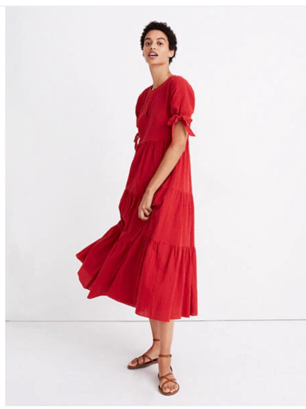 Madewell Red Tie Sleeves Tiered Midi Dress Size Medium